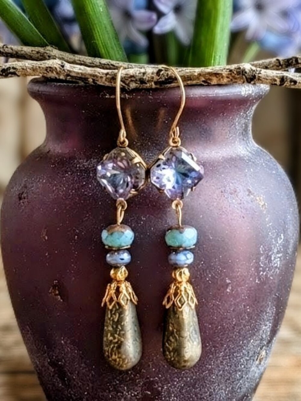 Victorian Sky Blue & Lilac W/ Gold Etching & Glass Flower In 18k GP Earrings